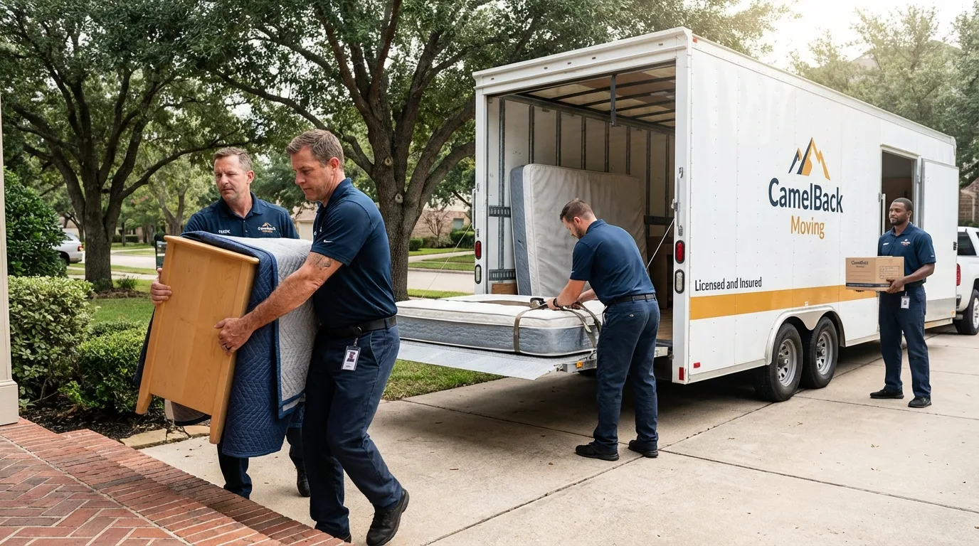Crew loading residential truck for cross-state move from Hayfield, MN