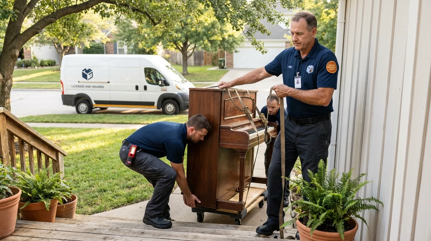 Licensed piano movers securing grand piano in Hayfield, MN