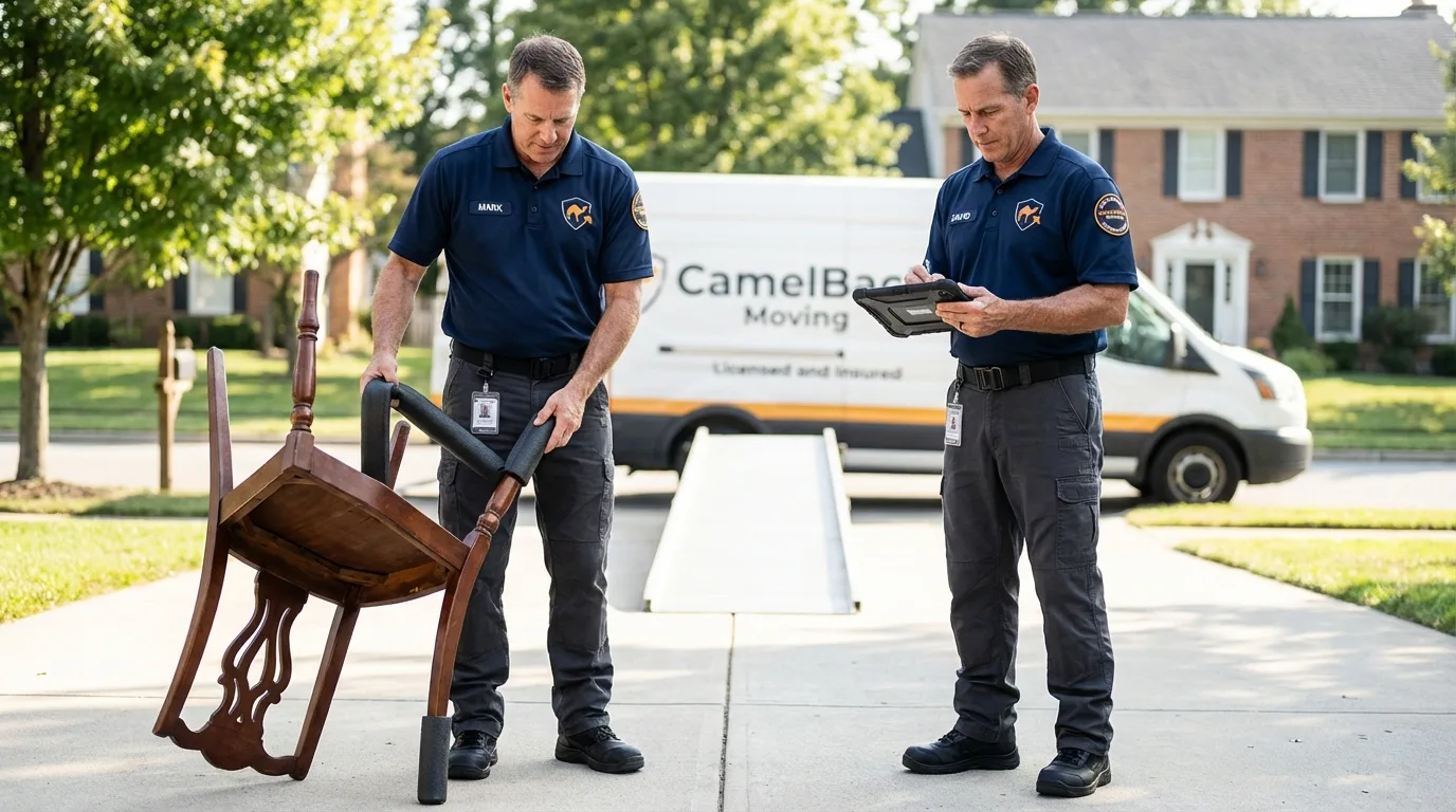 Movers inspecting furniture for damage prevention before loading in Hayfield, MN
