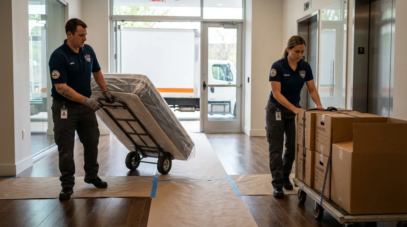Professional apartment movers loading elevator in Hayfield, MN
